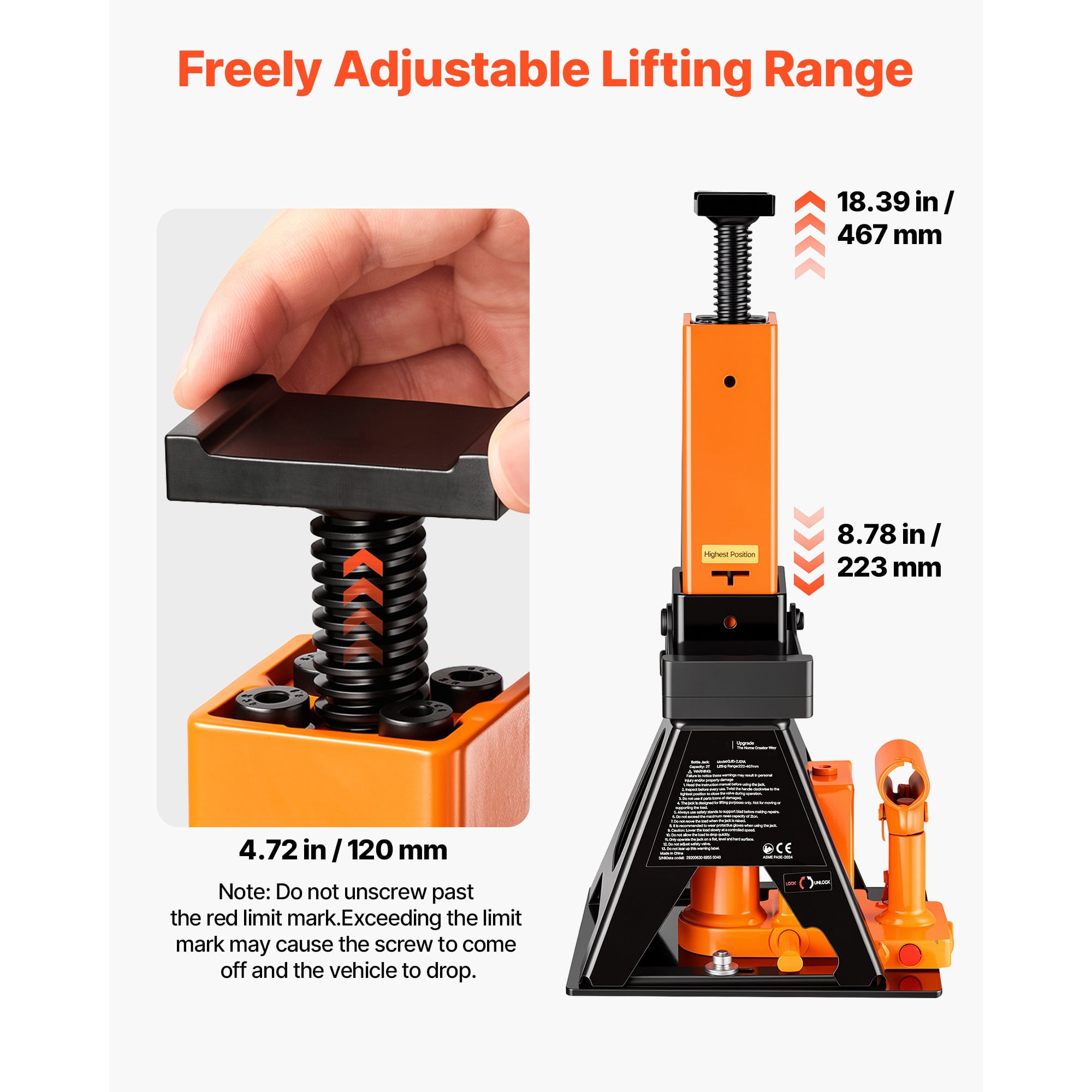 KFFKFF Hydraulic Bottle Jack and Stand Combo,2-Ton Capacity , Suitable for Compact Cars, Subcompact Cars, and Motorcycles, Lifting Range: 8.78"-18.39", Durable Vehicle Support with Stable Base