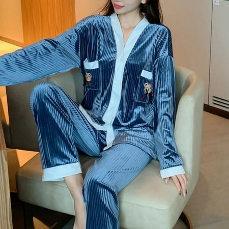 

CKLC Casual Pajamas Set for Women Fashion Fleece Cardigan Long Sleeve Warming Sleepwear for Autumn Winter(Gray L)