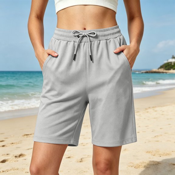 Cagogo Women Loose Drawstring Shorts Casual Solid Beach Bermuda Pants Summer Active Lounge Yoga Swimwear Travel Trousers, Gray 4XL
