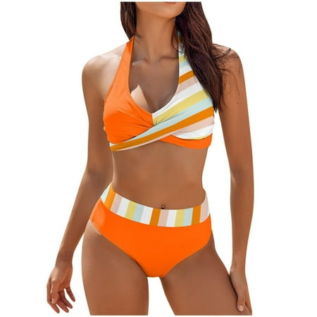 SKSloeg Cheeky Bikini Sets for Women Wrap Front Bikini Sets Two Piece Swimsuit High Waisted Bottom Tummy Control Color Block Cheeky High Cut Bathing Suits Saffron S