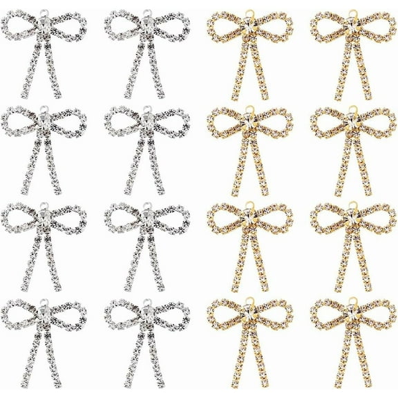 20Pcs 2 Colors Rhinestone Bow Pendants Metal Bowknot Charms with Loop Crafting Charm for Women Jewelry Earrings Bracelet Making Crafts Platinum & Light Gold