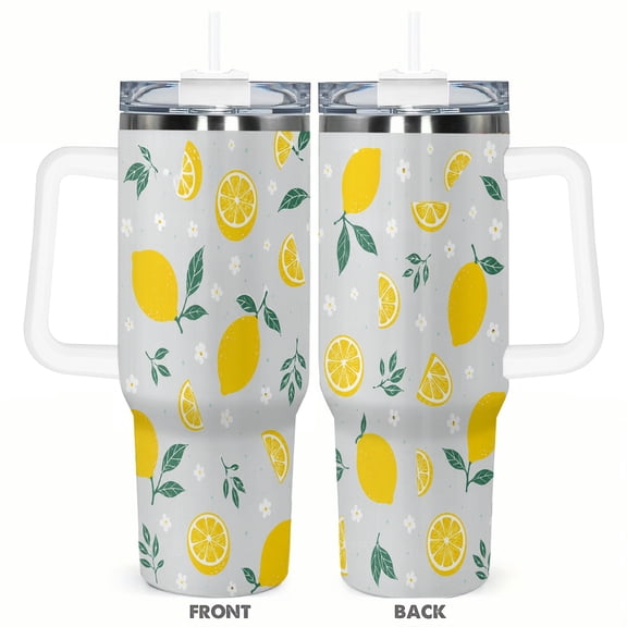40oz Lemon Travel Tumbler with Handle and Straw Lid Yellow Fruit Insulated Car Coffee Cup Summer Gift for Women