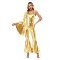 thumbnail image 2 of Sxiwei Womens Metallic Shiny Bell-Bottom Dance Jumpsuit Romper 70s Disco Hippie Costume Clubwear Gold L, 2 of 6