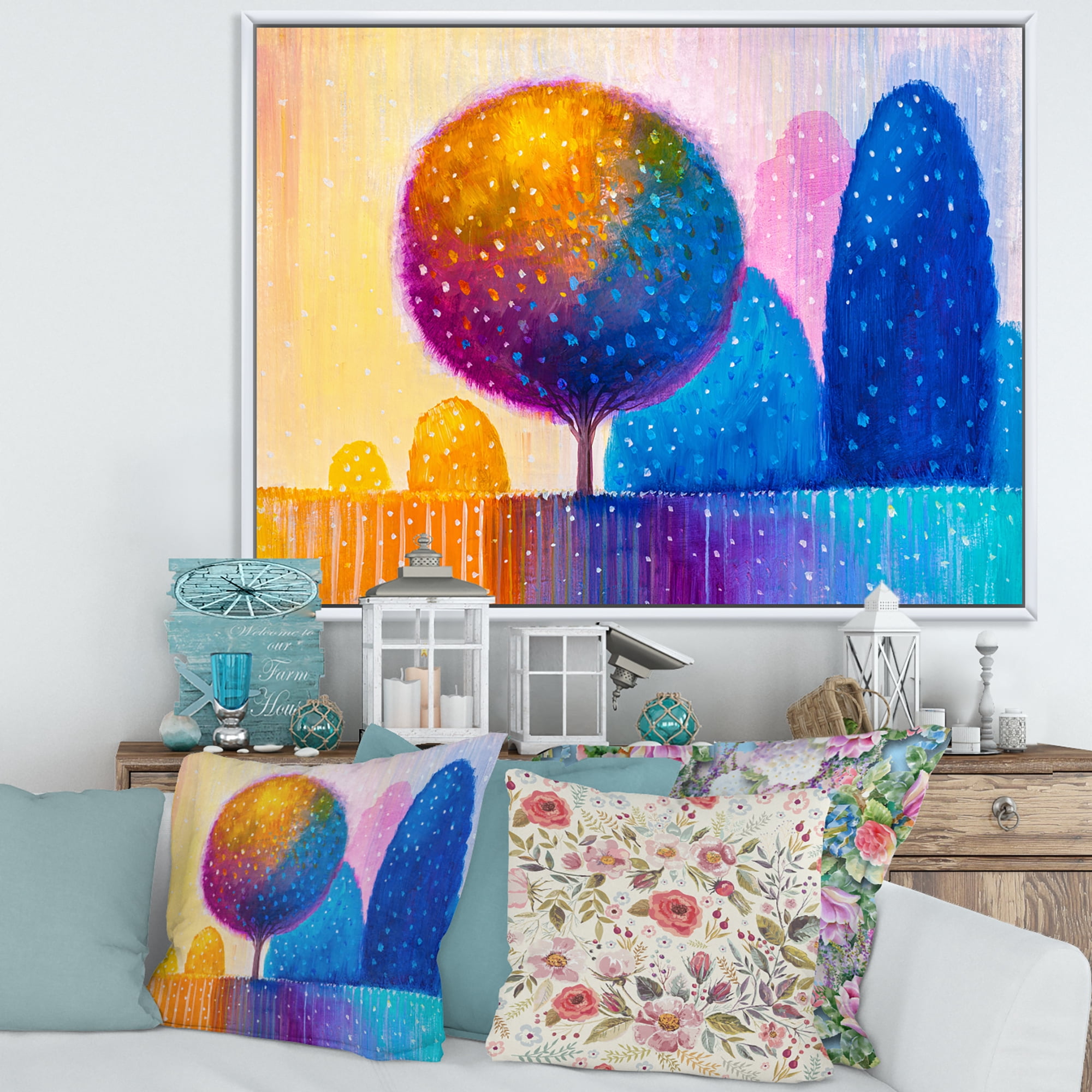 Designart 'Ornamental Colourful Trees X' Modern Framed Canvas Wall Art Print