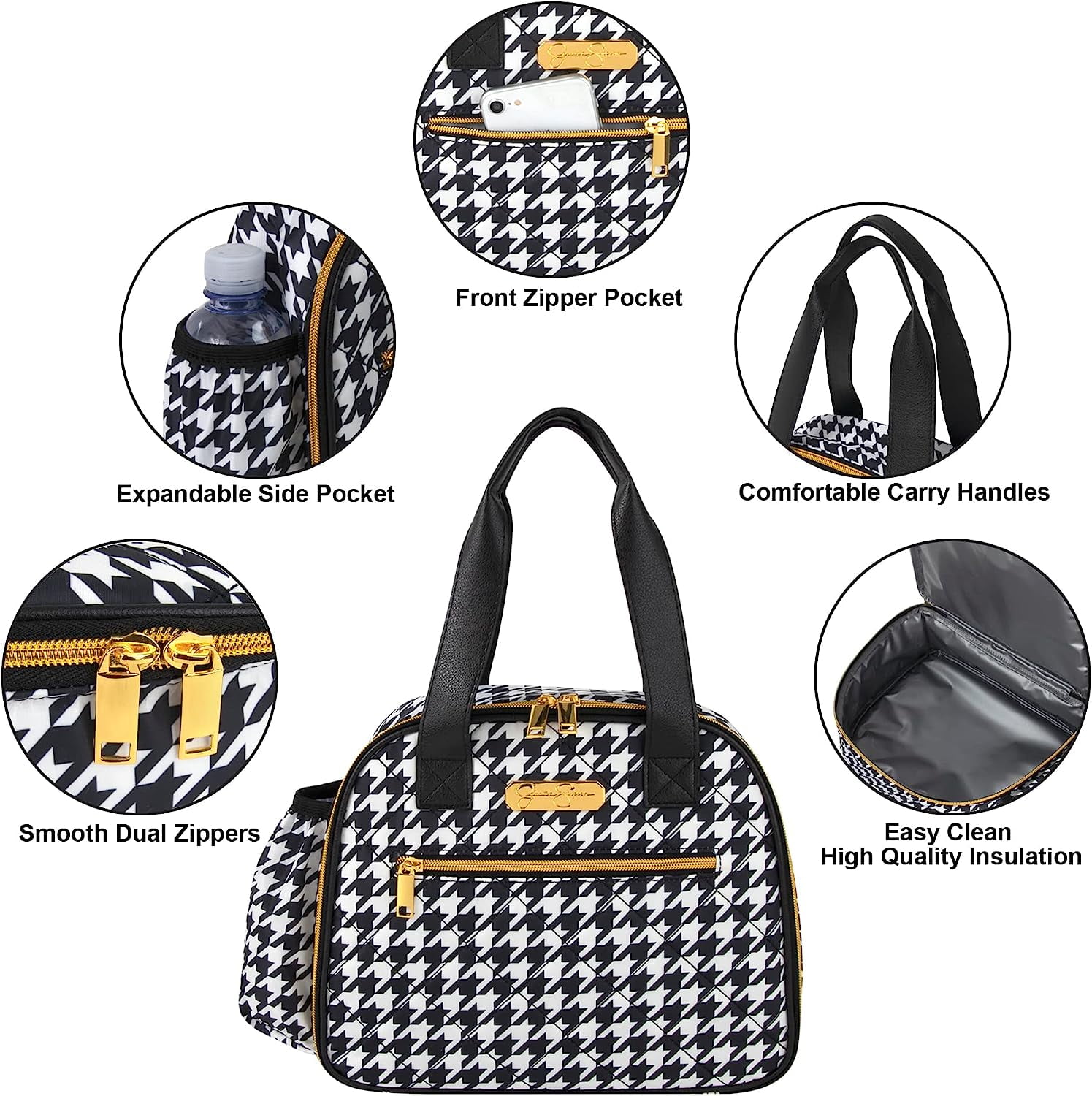 Jessica Simpson Women s Insulated Lunch Bag with Containers Pockets Straps Houndstooth Design Walmart