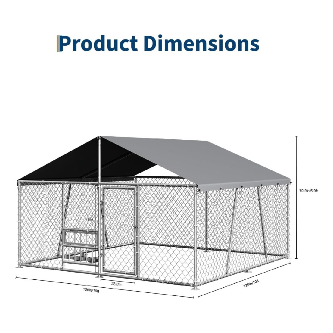 10×10×5.9 FT Home Large Metal Outdoor Dog Kennel, Metal Wire Dog Enclosure with Waterproof Roof & Adjustable Bowls Feeder for Backyard Farm
