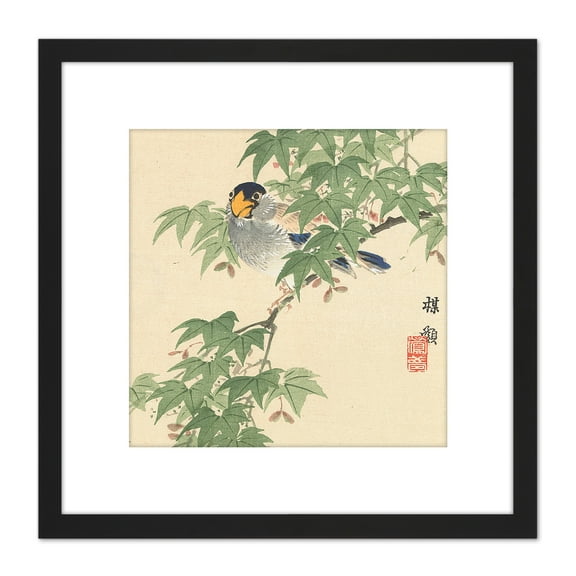 Kono Bairei Japanese Flowers and Birds 8X8 Inch Square Wooden Framed Wall Art Print Picture with Mount