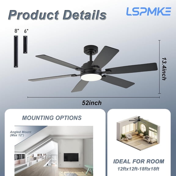 52 Inch Ceiling Fan with Light and Remote, Reversible  Motor, 3CCT Dimmable, Quiet for Bedroom Living Room