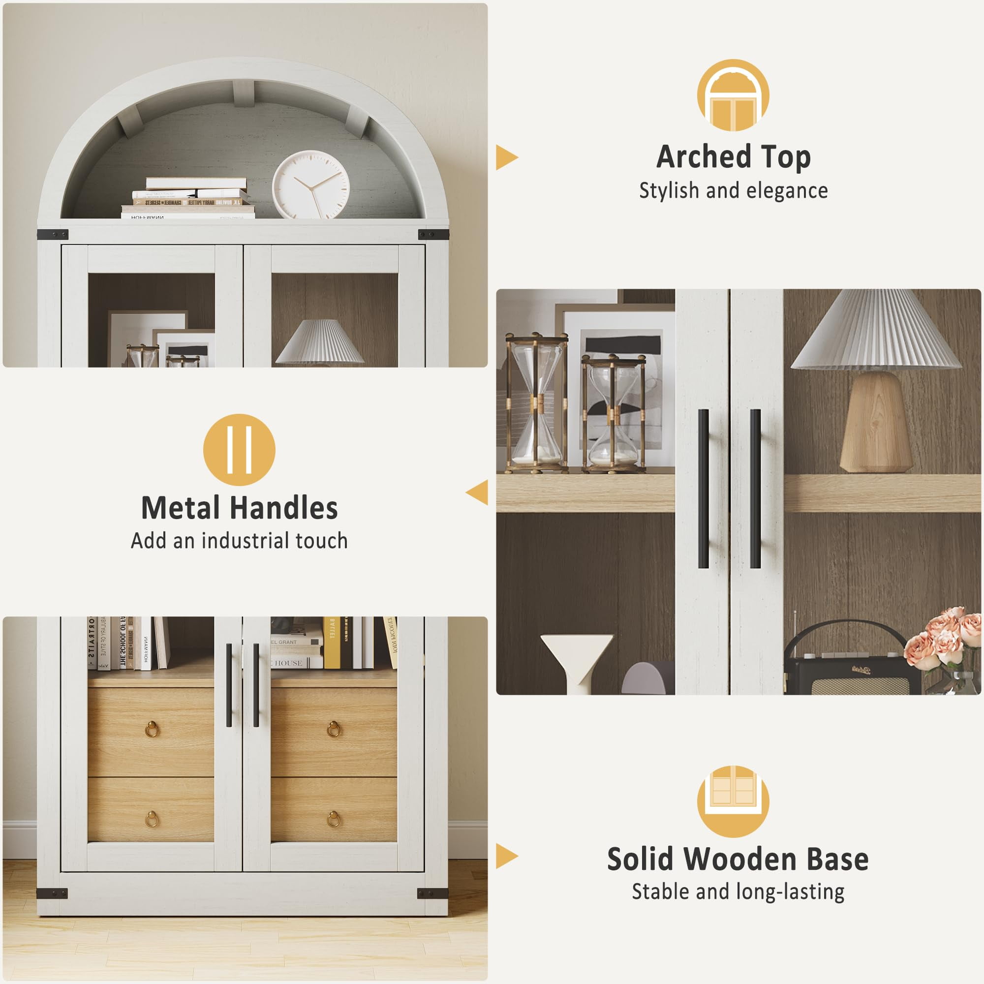 Danolapsi 71.4in Tall Arched Pantry Cabinet,Wood Bookcase with 2 Drawers,Kitchen Pantry Cabinet with Glass Door,Modern Farmhouse Display Cabinet Kitchen Cupboard for Kitchen,Dining Room,Bathroom
