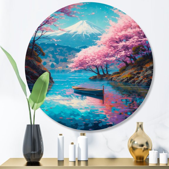 Designart "Cherry Blossom by the Lake II" Landscape Lake Metal Round Art Print