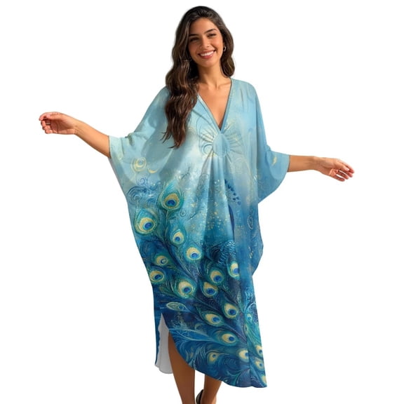 Xoenoiee Blue Peacock Pattern Kaftan Dresses for Women Plus Size V Neck Caftans Long Batwing Sleeve Beach Cover Up High-Slit Summer Mumu Dresses