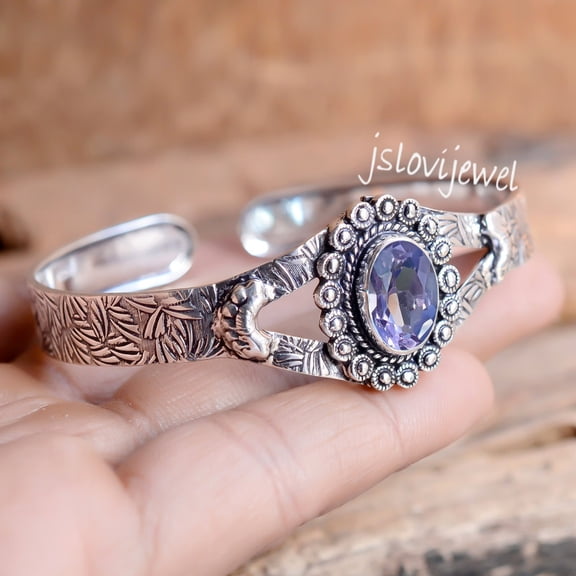 Faceted Amethyst Cuff Bangle 925 sterling silver Bracelet, Party Wear Jewelry