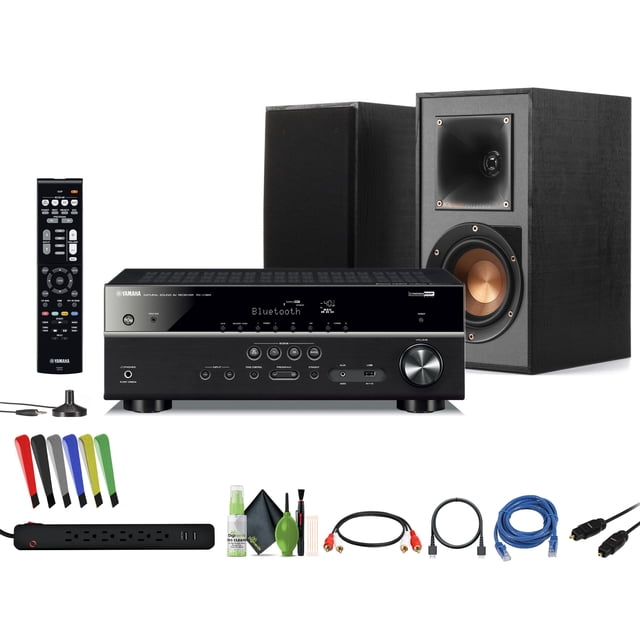 Yamaha RX-V385 5.1-Channel Surround Sound 4K Ultra HD AV Receiver with Bluetooth Home Theater System Bundle With Klipsch R-41PM Powered Bookshelf Speaker Black