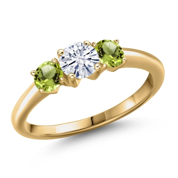 Gem Stone King 18K Yellow Gold Plated Silver White Moissanite and Green Peridot Engagement Ring for Women | 1.10 Cttw | Round 5MM | Gemstone Birthstone | Size 6