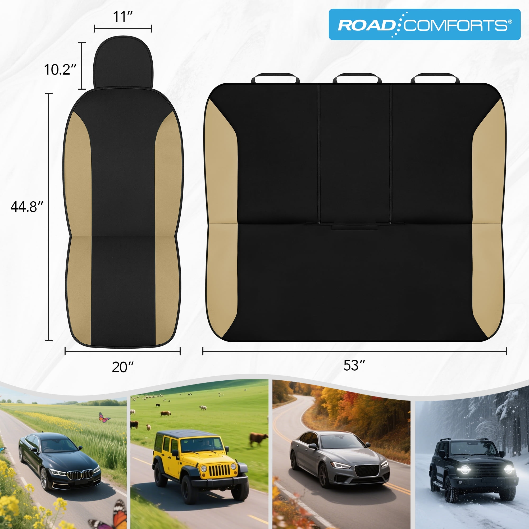 Road Comfort PolyPro Car Seat Covers Full Set – Front and Rear Split Bench, Easy to Install Cover Set, Univesal Fit For Auto Trucks Van SUV - Beige