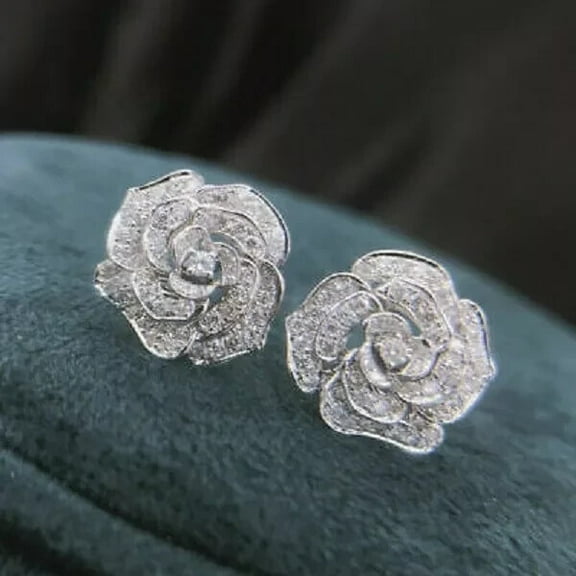 Valentine Gift Rose Shape Earrings 2.00Ct Round Cut Lab-Created Diamond Stud Earrings 14K White Gold Plated Silver