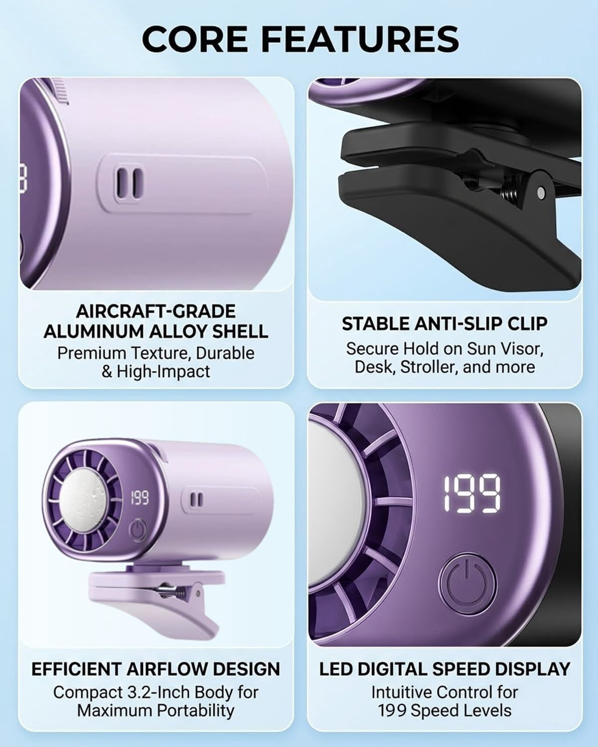 LC-dolida Silent Clip On Fan, Detachable Mini Fan with LED Display, Semi-Cooling 199 Speeds Adjustable 360° Rotation Long Battery Life for Car Desk Backseat Travel Gym Camping Stroller Use (Pink)