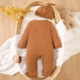 thumbnail image 4 of AWZXDE Toddlers Girl Outfits Knit Footed Long Sleeve Romper With Matching Knot Hat Embroidered Letter Crew Neck Snap Crotch 2 Casual Daily Wear Set Brown - 3-6 Months, 4 of 7