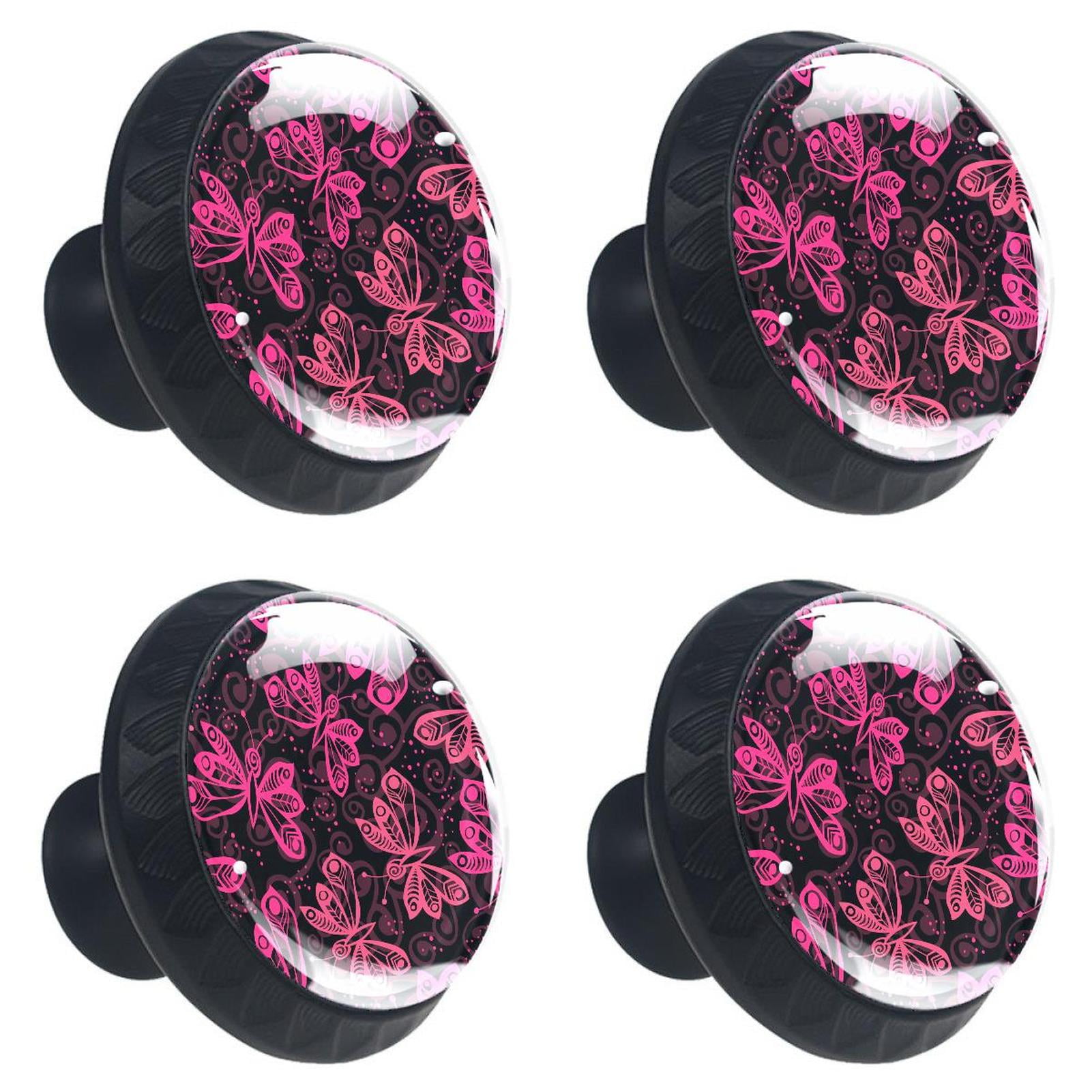 4 Pcs Rose Pink Butterflies Dark Knobs for Kitchen Cabinet Cupboard Dresser Bookcase Drawer Pulls Handles Round Home Decor