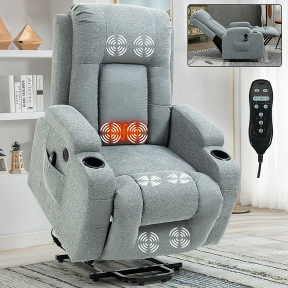 Infinite Position Power Lift Recliner Chair for Elderly with Okin Motor, 8-Point Vibration Massage, Lumbar Heating, USB Port, Cup Holders in Grey