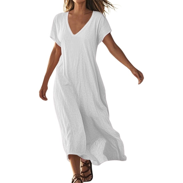 Robe Décontractée en Lin Col en V Manches Courtes Ample pour Femmes, Robe de Jour Confortable Couleur Unie