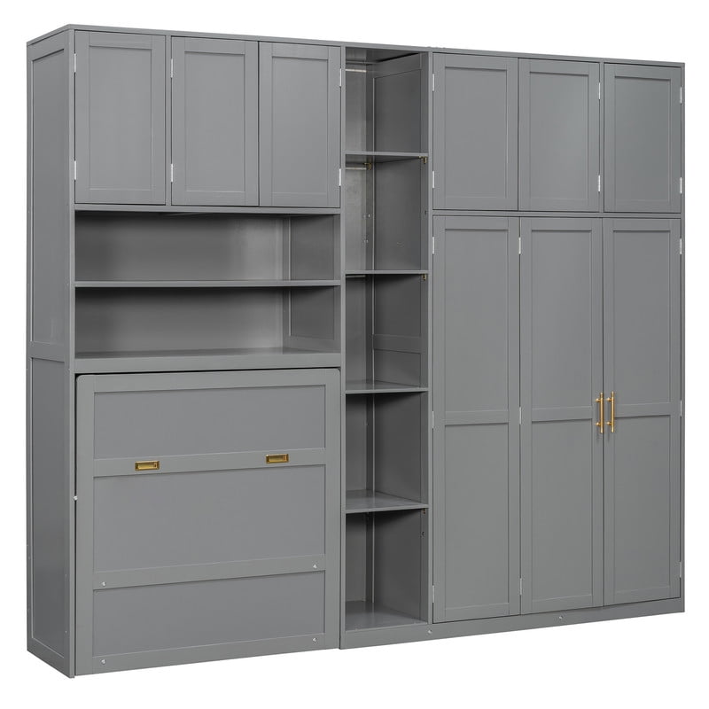 Twin Size Pull Out Murphy Bed with Wardrobe & Shelves, Storage Platform Bed Frame with LED Display Shelves & Overhead Cabinets