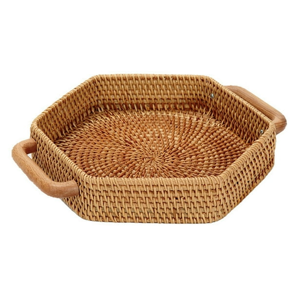 Btobackyard Storage Basket Snack Tray Trays Snacks Rattan Solid Wood With Handle Kitchen Tool Home Desk Organizer Platter Hand Woven Com Btobackyard Storage Basket Snack Tray, Wicker Desk Organizer Basket