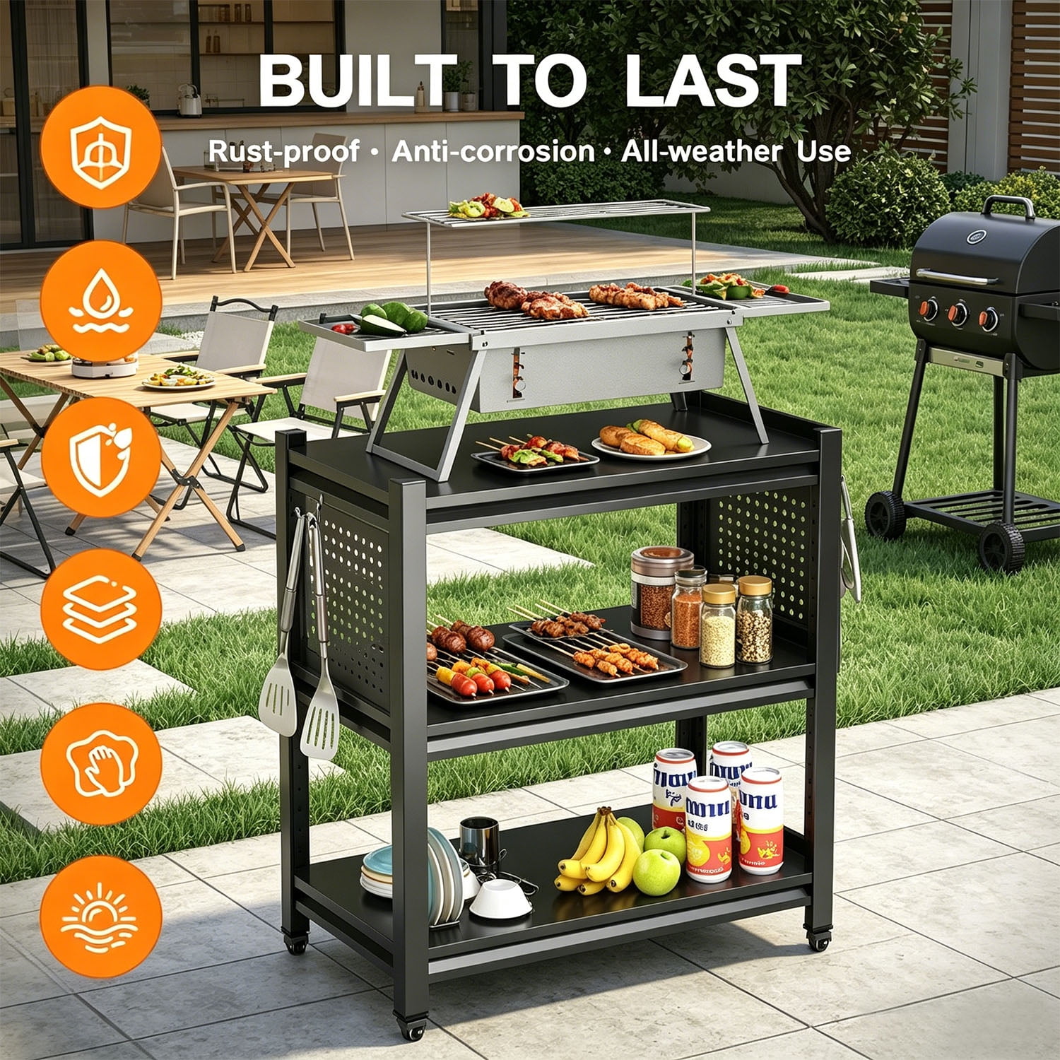 Heavy-Duty Grill Cart with 3-Tier Storage and Pegboard for BBQ