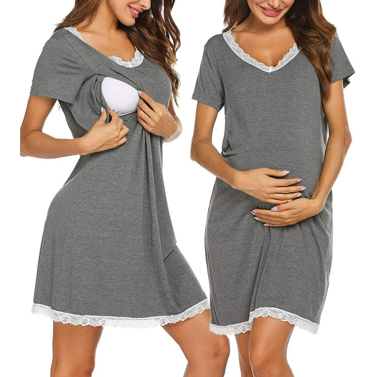 Inadays Women's Nursing Nightgown Short Sleeve Maternity Nursing Gowns for  Breastfeeding Sleepwear Dress for Hospital, Gray, M