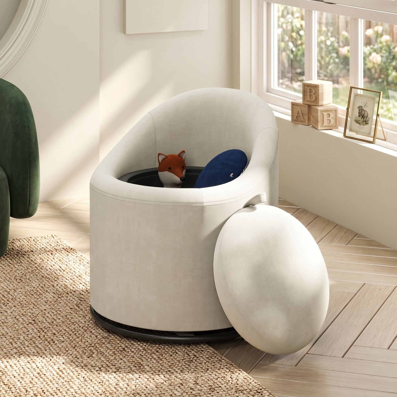 Furnibear Barrel Accent Chair with Hidden Storage, 360 Degree Swivel Upholstered Velvet Vanity Chair, Curved Back, Sturdy Metal Base, No Assembly Needed, for, Beige