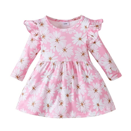 

WUXIAN Toddler Girls Long Sleeve Cute Flower Printed Autumn Princess Dress Casual Dress Infants Baby Sundress Children Comfortable Dailywear