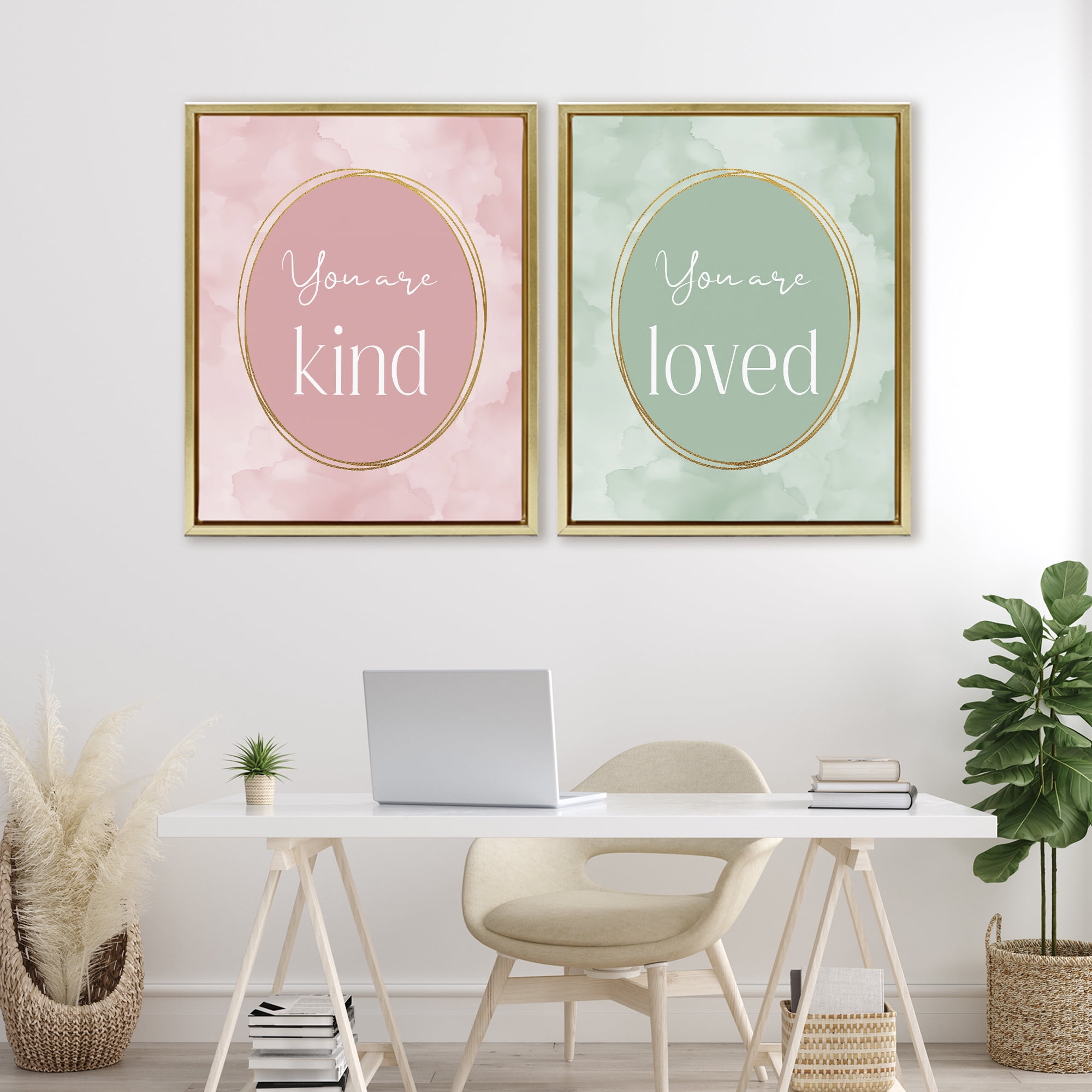 Stupell Industries Pastel Golden Affirmations 2 Piece Gold Framed Floater Canvas Set, design by Christine Simpson Art
