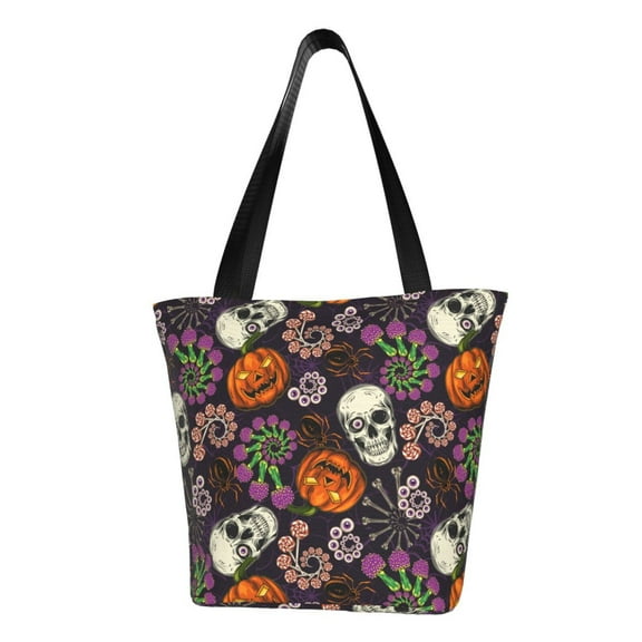 Fotbe Halloween With Skull Pattern Beach Tote,Shoulder Handbag,Spacious Tote Bag,Lightweight Travel Bag,Versatile Shopping Bag