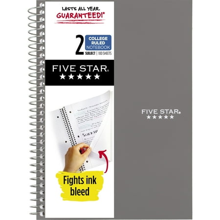 Five Star Wirebound Notebook, 2 Subject, College Ruled, 6" x 9.5", Gray