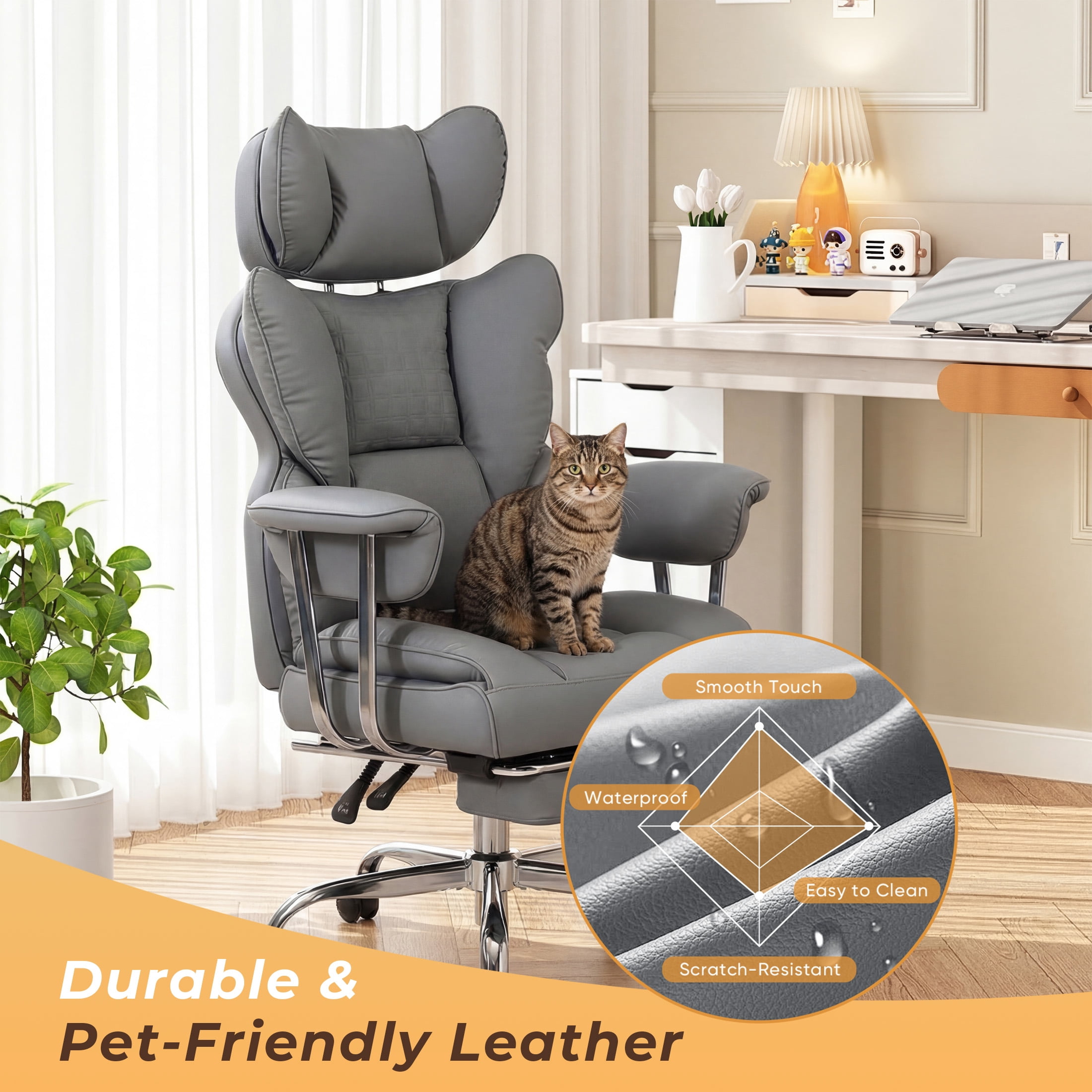 CONCETTA Ergonomic Big and Tall Office Chair, Scratch-Resistant PU Leather Executive Desk Chair with Spring Lumbar Support Gray