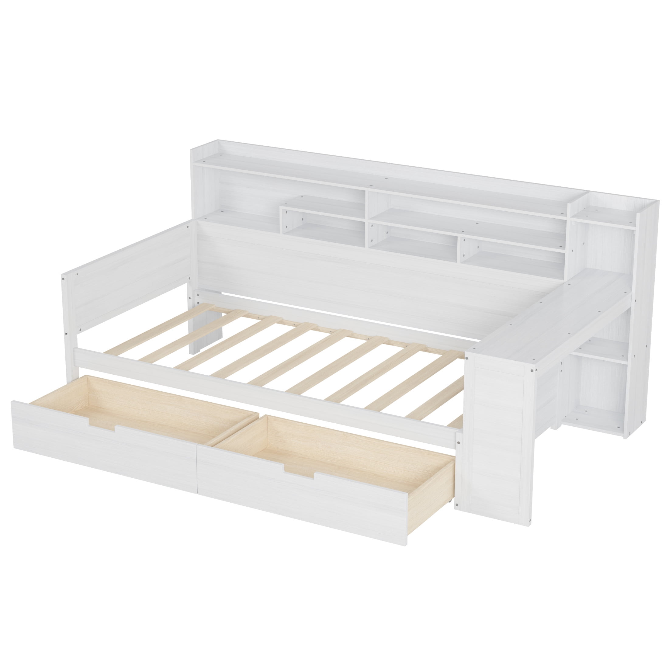 Noble House Twin Size Daybed with Storage Shelves, 2 Drawers and Study Desk, Antique White