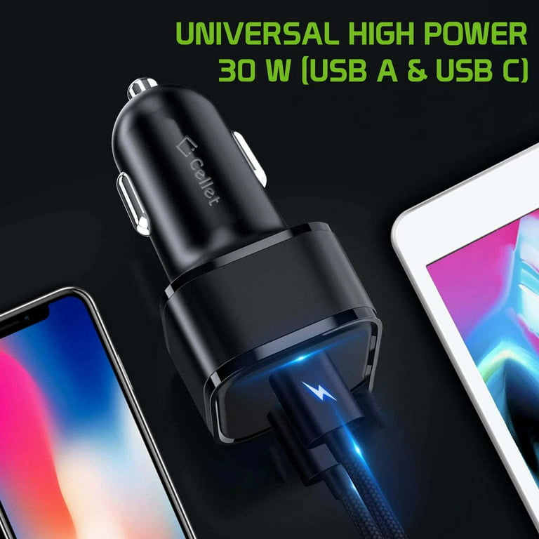 Cellet Car Charger for T-Mobile Revvl 6X 5G - 30W High Powered Dual Port (usb-c PD and Usb-a) Auto Power Adapter with Type-C to USB Cable - Black