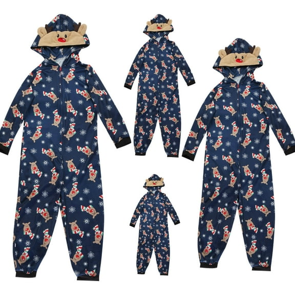 GRNSHTS Christmas Family Matching Pajamas for Family,Adults Kids Baby Reindeer Printed Onesies Hooded Zipper Jumpsuit Sleepwear (Blue Baby,9-12 Months)