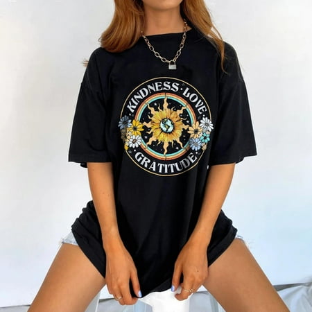 

Alueeu 2022 Womens Summer Tops Vintage Drop Sleeves Printed Pattern Casual Short Sleeve Black S