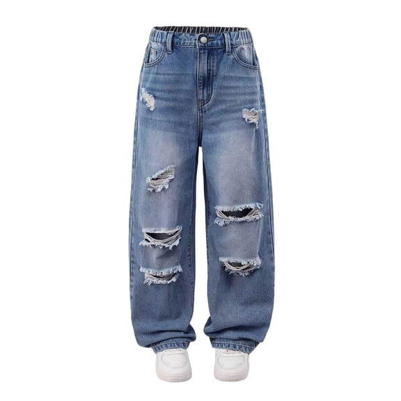 BOOMNY Toddler Boys Ripped Distressed Jeans Elastic Waist Solid Color Wide Leg Baggy Denim Pants With Pocket, Sizes 9-10 Years