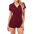 thumbnail image 2 of Diconna Women's Short Jumpsuit Solid Color Ribbed Short Sleeve Lapel Front Button Slim Playsuit Summer Clothing Rompers, 2 of 9