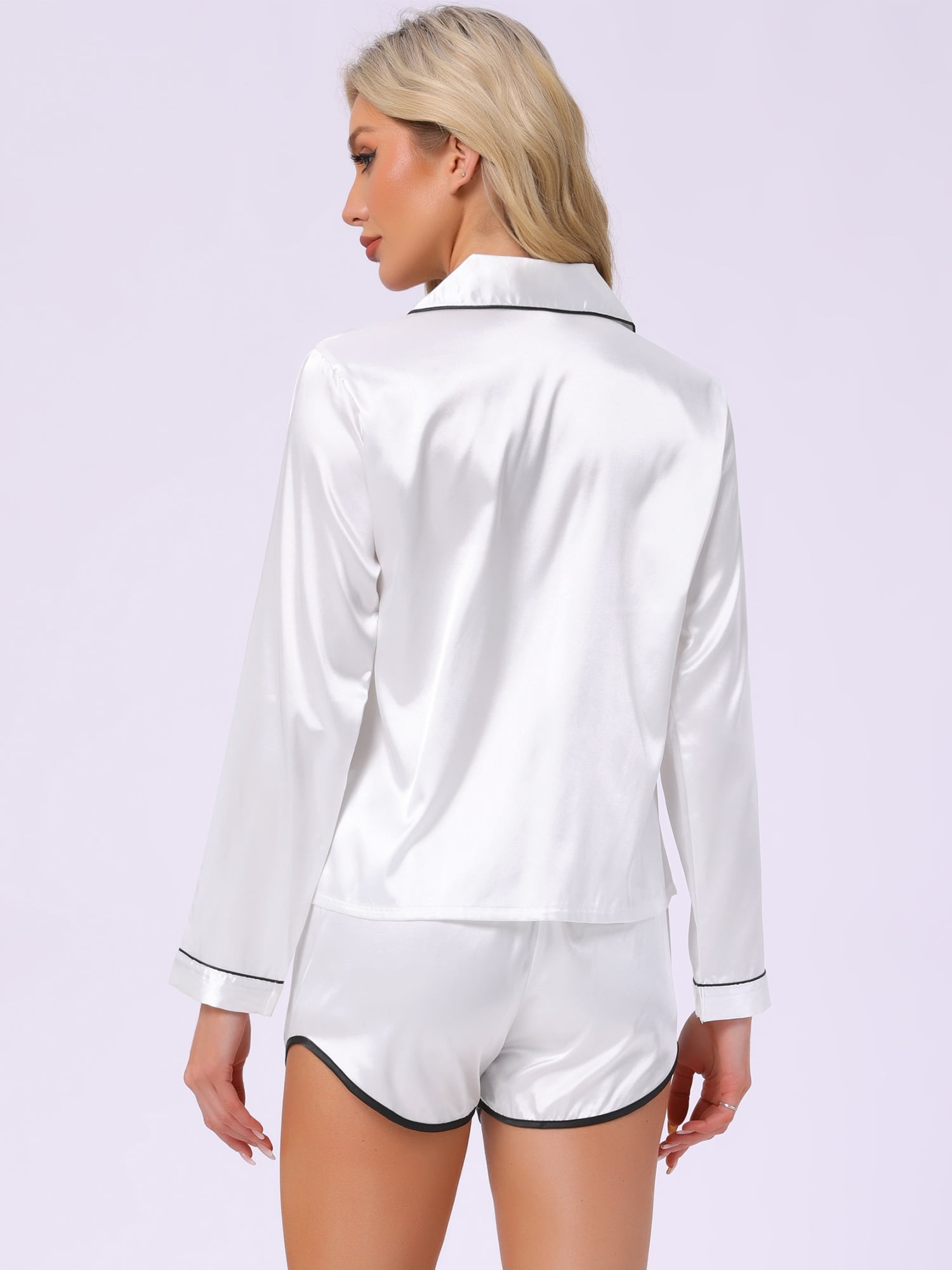 DARING DIVA Satin Pajamas Set Long Sleeve Button Down 2 Pieces Top L White