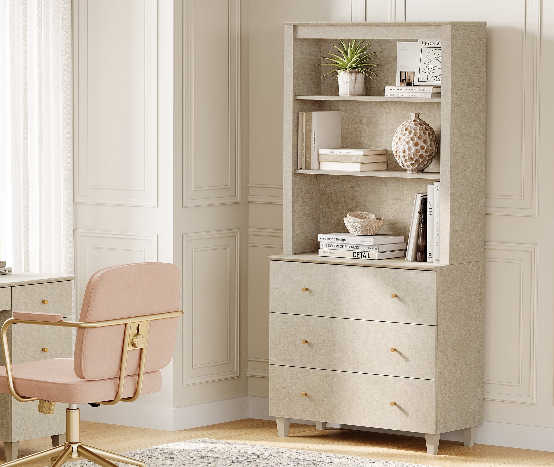 WAMPAT Modern 71 Inches Tall Bookcase with 3 Drawers, 3-Tier,Beige