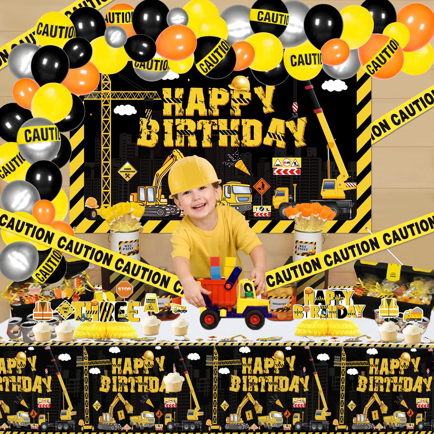 Hegbolke Construction Birthday Party Decoration Kits, 180 cm Plastic/Latex Yellow