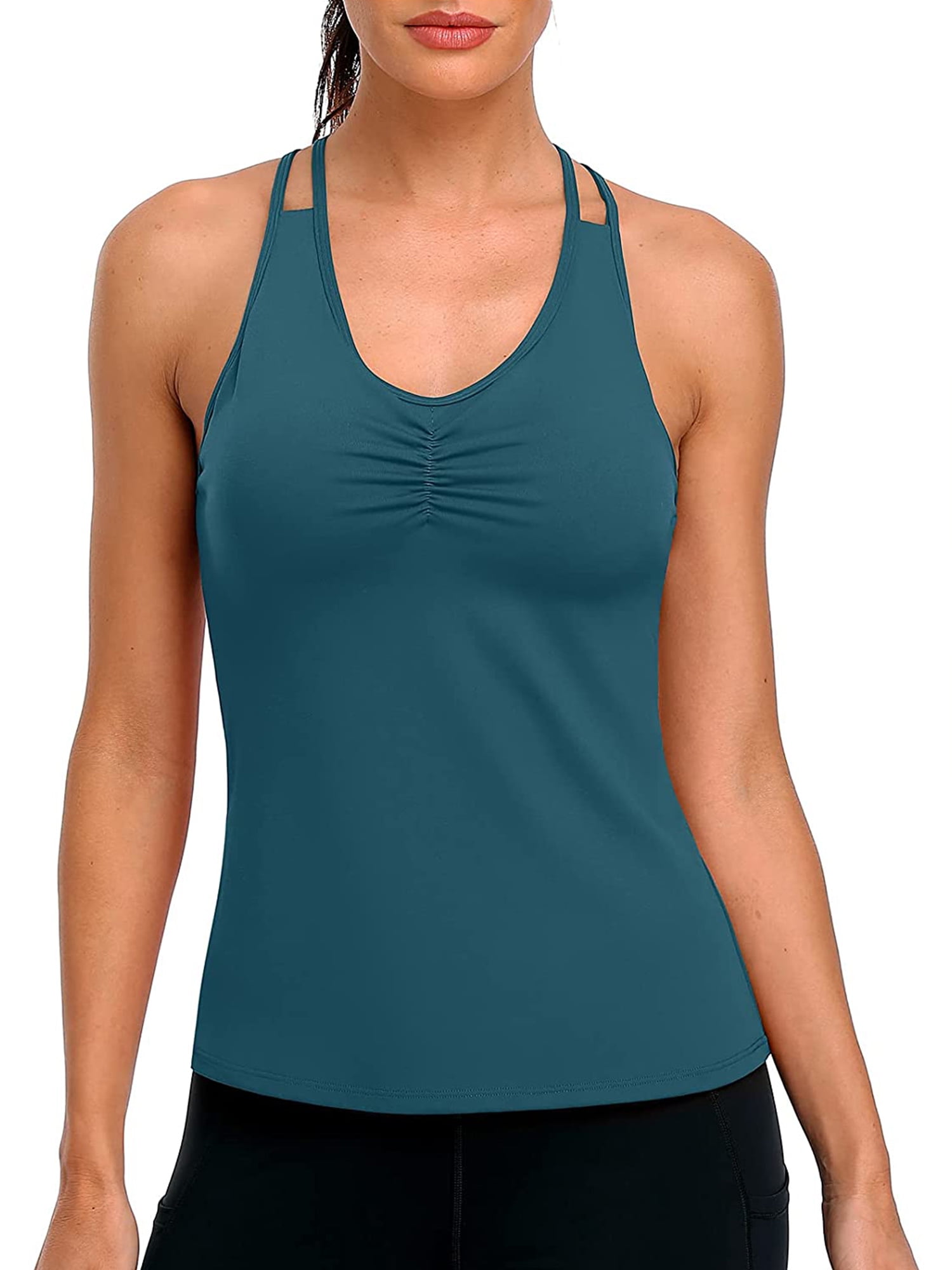Yoga Tank Tops for Women Built in Bra Strappy Back Workout Tank Top Shelf Bra Yoga Shirts Built in Sports Bra Compression Tops 