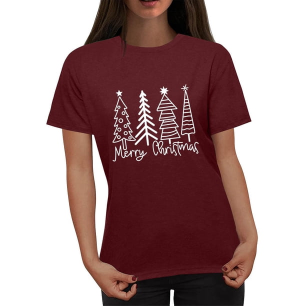 Puntoco Blusa informal de cuello redondo con estampado navideño para mujer