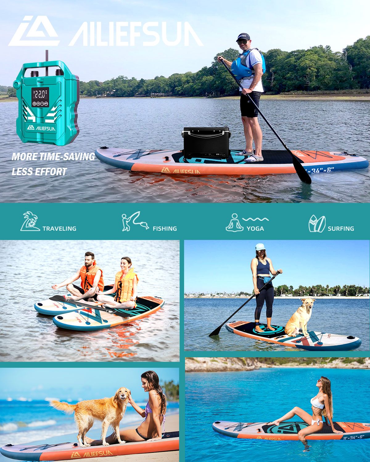Electric Pump Wood Grain, 11'*34”*6“Ailiefsun Stand Up Paddle Board Inflatable Stable Sup Board with Fishing Paddleboards Accessories for Adults Youth Wide Non-Slip Deck Surfboard