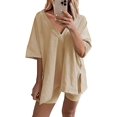 thumbnail image 1 of Women's Oversized 2 Piece Outfits V Neck T-Shirts Biker Shorts Tracksuit Hot Shot Reversible Sets, 1 of 6