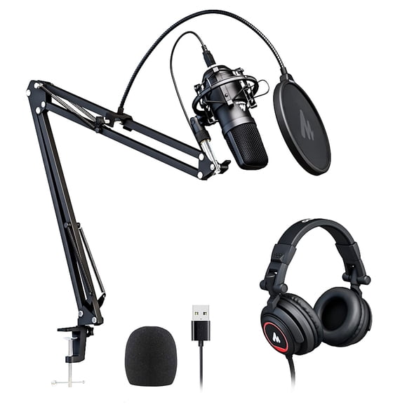 MAONO Microphone with Studio Headphone Set 192kHz/24bit Vocal Condenser Cardioid Podcast Mic Compatible with Mac and Windows, YouTube, Gaming, Live S
