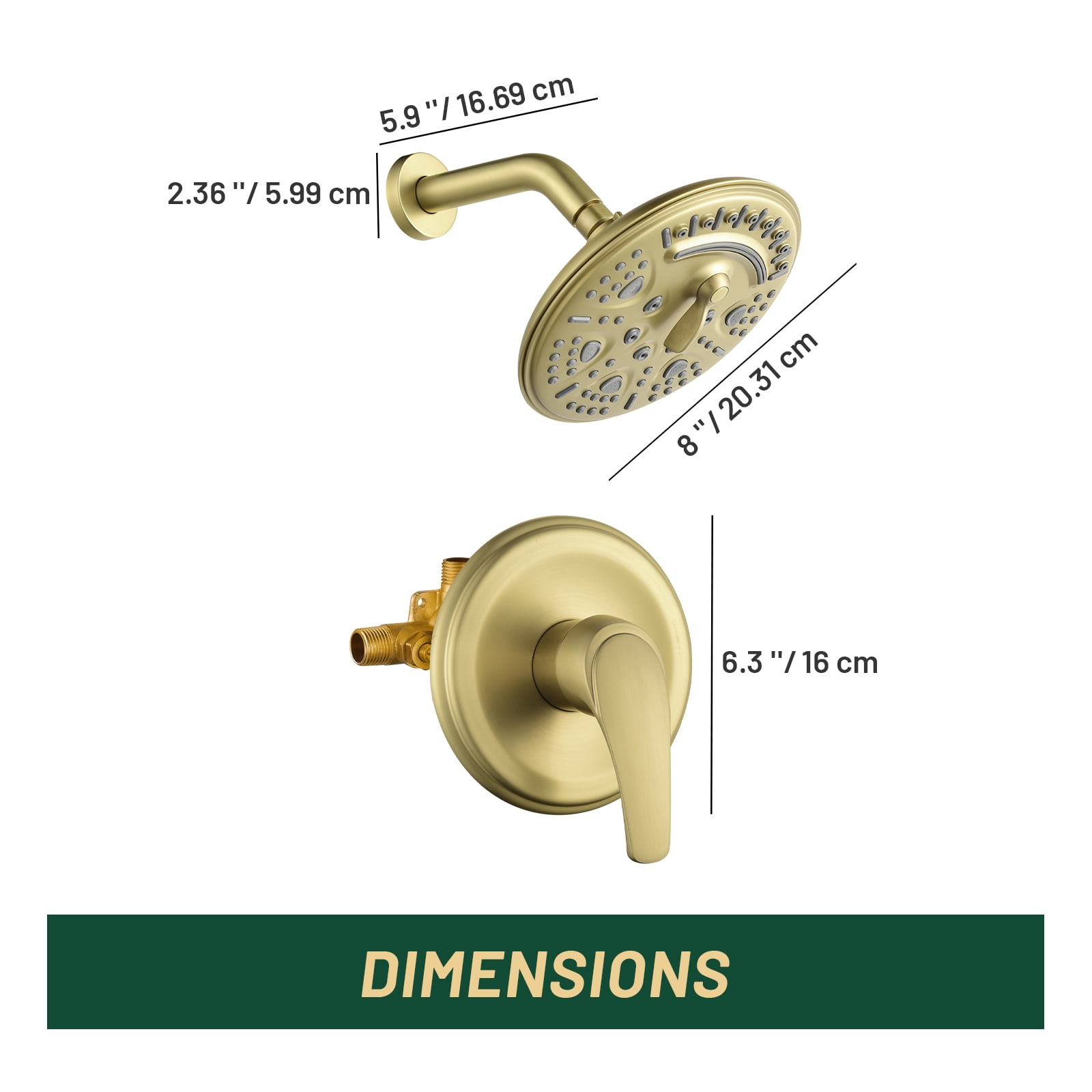 Cobbe 8-Inch Single Handle Bathroom Rain Shower Head Set with 6-Spray Patterns ABS Rainshower Showerhead Brushed Gold